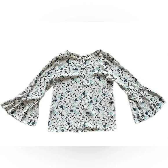 LOFT Ann Taylor White Blue Floral Long Bell Sleeve Keyhole Blouse Women’s Small - Picture 2 of 9